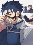  anger_vein angry armor beads blue_bodysuit blue_hair bodysuit closed_mouth cu_chulainn_(fate) cu_chulainn_(fate/stay_night) earrings fate/stay_night fate_(series) grabbing_another&#039;s_hair hair_beads hair_ornament jewelry kotomine_kirei long_hair male_focus muzzle pauldrons ponytail red_eyes shoulder_armor slit_pupils spiky_hair white_background yap_(dhgrail) 
