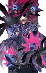 1boy arm_armor armor artist_name black_armor black_wings blonde_hair character_request commentary_request dragon full_armor highres hydreigon kei_(nvew8238) pokemon pokemon_(creature) saint_seiya shoulder_armor simple_background wings wyvern_rhadamanthys yellow_eyes