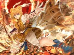  1girl arkatopia arm_guards armor blonde_hair blue_boots boots bow_(weapon) broken_armor building charging_forward commentary_request double_bun explosion fire footwear_ribbon frown hair_bun hair_ribbon haniwa_(statue) highres holding holding_bow_(weapon) holding_weapon horse_statue japanese_armor joutouguu_mayumi medium_hair midriff motion_blur navel on_one_knee outstretched_arm outstretched_hand quiver red_ribbon red_sky ribbon shirt shorts sky solo thick_eyebrows touhou weapon white_ribbon white_shirt white_shorts yellow_eyes 