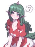  1girl ? blush closed_mouth cloud_print collarbone collared_shirt curly_hair eyebrows_visible_through_hair green_eyes green_hair highres horns kariyushi_shirt komainu komano_aunn long_hair looking_at_viewer miata_(miata8674) red_shirt shirt short_sleeves shorts simple_background single_horn solo spoken_question_mark touhou white_background white_shorts 