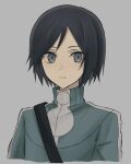  1boy bangs black_hair calem_(pokemon) commentary frown grey_background grey_eyes highres jacket looking_at_viewer male_focus nasakixoc parted_lips pokemon pokemon_(game) pokemon_xy short_hair simple_background solo strap turtleneck turtleneck_jacket upper_body 