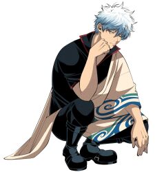  1boy black_boots black_pants black_shirt blue_hair boots closed_mouth collarbone full_body gintama hadanugi_dousa half-closed_eyes head_rest highres japanese_clothes kimono looking_at_viewer male_focus messy_hair pants popped_collar red_eyes sakata_gintoki shirt short_hair simple_background solo squatting white_background white_kimono yubi_nui21 