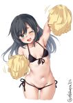  1girl alternate_costume asashio_(kancolle) bikini black_bikini black_hair blue_eyes blush breasts cheering cheerleader cowboy_shot ebifurya front-tie_bikini front-tie_top highres holding holding_pom_poms kantai_collection long_hair navel one_eye_closed pom_pom_(cheerleading) side-tie_bikini small_breasts smile stomach swimsuit twitter_username white_background 