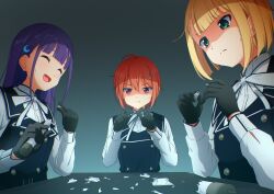  22/7 3girls :d ^_^ absurdres ahoge annoyed belt belt_buckle black_belt black_dress black_gloves blonde_hair bob_cut brown_eyes buckle buttons center-flap_bangs closed_eyes closed_mouth crescent crescent_hair_ornament dark double-breasted dress fanged_bangs fluorescent_lamp gloves green_eyes hair_between_eyes hair_ornament hairclip highres himuro_mizuki holding ichinose_hotaru igashiko indoors inverted_bob keisanchuu_new_costume long_hair long_sleeves looking_at_object multiple_girls neck_ribbon official_alternate_hairstyle open_mouth orange_hair pinafore_dress purple_hair ribbon saito_nicole shaded_face shards shirt shirt_under_dress short_hair sleeveless sleeveless_dress smile sweatdrop table white_ribbon white_shirt 