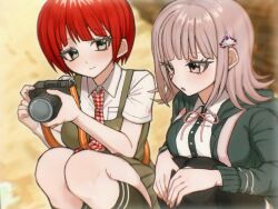  2girls :o black_shirt black_thighhighs blush breasts brown_hair camera closed_mouth danganronpa_(series) danganronpa_2:_goodbye_despair dress freckles galaga green_dress grey_eyes highres holding holding_camera jacket koizumi_mahiru kun_(oxx_kn_xxo) large_breasts multiple_girls nanami_chiaki neck_ribbon open_clothes open_jacket pink_eyes pink_ribbon red_hair ribbon shirt spaceship_hair_ornament thigh-highs two-tone_shirt white_shirt 