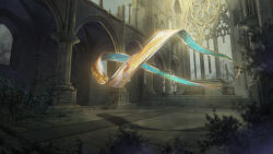  altar aqua_ribbon arch church crack hanxiaodan highres indoors infinity_symbol lovebrush_chronicles mobius_strip no_humans official_art overgrown pew pillar plant ribbon ruins scenery sunlight two-sided_ribbon yellow_ribbon 