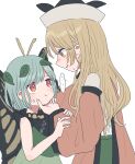  ! 2girls anger_vein antennae aqua_hair black_headwear blonde_hair blush butterfly_wings cape dress eternity_larva fairy green_dress hat leaf leaf_on_head long_hair matara_okina multicolored_clothes multicolored_dress multiple_girls open_mouth orange_cape orange_eyes orange_sleeves short_hair simple_background single_strap spoken_exclamation_mark suzushiro_(daikon793) touhou white_background wings yellow_eyes 