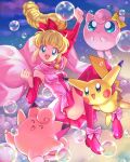  1girl :d arm_up bangs blonde_hair blue_eyes boots bow breasts bubble clefairy clenched_hands commentary_request detached_sleeves dress eyelashes floating_hair footwear_bow hair_bow hazel_(pokemon) jigglypuff long_hair looking_at_viewer magical_pokemon_journey mitama_(mokochiko) open_mouth pikachu pink_dress pink_footwear pokemon pokemon_(creature) ponytail red_bow smile teeth thigh-highs thigh_boots tongue upper_teeth 