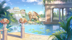  architecture bird building clouds daisy_(flower) dappled_sunlight day flower gazebo hanxiaodan highres jungle lily_pad lion lovebrush_chronicles mesoamerican_architecture nature no_humans official_art orange_flower orange_rose outdoors palm_tree pillar plant pond rainbow rock rose scenery sparkle stairs statue sunlight tree vase watermark weibo_watermark white_flower white_rose winged_animal 