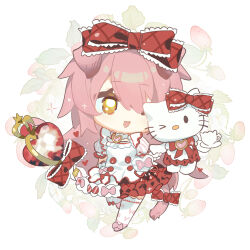  animal_ears arknights bow cat_ears cat_girl cat_tail chi_ya chibi commentary food fruit goldenglow_(arknights) goldenglow_(party_in_the_garden)_(arknights) hello_kitty hello_kitty_(character) highres holding holding_staff layered_skirt long_hair looking_at_another official_alternate_costume open_mouth outstretched_arms pink_hair red_bow red_skirt sanrio shirt simple_background skirt smile socks spread_arms staff strawberry tail tail_bow tail_ornament white_background white_shirt white_socks wreath yellow_eyes 