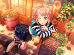 1girl bang_dream! blush green_eyes jacket leaves looking_at_viewer official_art pink_hair plant short_hair smile solo sparkle street sunlight sunset uehara_himari wink