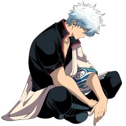  1boy black_boots black_pants black_shirt blue_hair boots butterfly_sitting collarbone full_body gintama hadanugi_dousa half-closed_eyes head_down highres japanese_clothes kimono male_focus messy_hair pants popped_collar sakata_gintoki shirt short_hair simple_background sitting solo white_background white_kimono yubi_nui21 