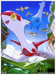  alto_mare bird blue_sky bridge canal chinchou claws closed_mouth day dragon fish flying full_body highres in-universe_location latias latios mayotsunamayo no_humans open_mouth outdoors pidgey pokemon pokemon_(anime) pokemon_(classic_anime) pokemon_(creature) pokemon_heroes:_latios_&amp;_latias quagsire red_eyes remoraid sky smile swimming water wings 