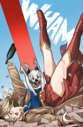  blonde_hair boots bottle cape dc_comics highres krypto_the_superdog motion_blur open_mouth pinned pouncing ravenhart red_boots red_cape red_skirt saliva skirt supergirl superhero_costume superman_(2025) superman_(series) thighs white_fur wine_bottle 