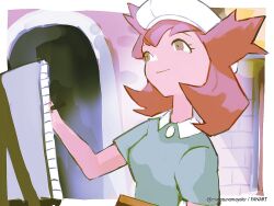  1girl alto_mare bianca_(pokemon_heroes) breasts brown_eyes brown_hair closed_mouth day easel green_shirt hat holding in-universe_location mayotsunamayo outdoors painting_(action) pokemon pokemon_(anime) pokemon_(classic_anime) pokemon_heroes:_latios_&amp;_latias shirt short_hair short_sleeves sketchbook smile upper_body 