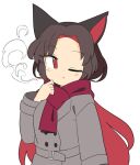  1girl ;o animal_ears bangs breath brown_hair coat eyebrows_visible_through_hair grey_coat imaizumi_kagerou ini_(inunabe00) long_hair long_sleeves one_eye_closed open_mouth red_eyes red_scarf scarf simple_background solo touhou upper_body white_background winter_clothes wolf_ears 