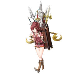  1girl absurdres anna_(fire_emblem) backpack bag belt boots bracelet breasts brown_boots charm_(object) collarbone commentary_request fire_emblem fire_emblem_awakening fire_emblem_heroes full_body high_heel_boots high_heels highres index_finger_raised jewelry kaya8 knee_boots long_hair looking_at_viewer medium_breasts multiple_weapons official_art one_eye_closed ponytail red_eyes red_hair second-party_source short_sleeves shorts sidelocks simple_background smile solo weapon white_background 