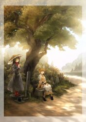 2girls arkatopia ascot bamboo black_hair black_shoes blonde_hair bottle braid braided_ponytail bush commentary_request cooking_pot dappled_sunlight double_bun dress foliage forest frilled_hat frills grey_dress hair_bun hair_ribbon hat highres joutouguu_mayumi long_earlobes mountainous_horizon multiple_girls nature outdoors palms_together pants parted_lips path pedestal plant potted_plant red_ascot red_eyes red_socks ribbon rock sandals shoes sitting socks straw_hat sunlight touhou tray tree water_bottle white_pants white_ribbon white_sleeves yatadera_narumi yellow_dress yellow_eyes 