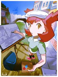  1girl alto_mare bag bianca_(pokemon_heroes) black_socks blue_bag blue_sky breasts brown_eyes brown_hair building canal day dock easel green_shirt hat highres holding in-universe_location latias latios looking_at_viewer mayotsunamayo miniskirt open_mouth outdoors painting_(action) pink_shoes pokemon pokemon_(anime) pokemon_(classic_anime) pokemon_(creature) pokemon_heroes:_latios_&amp;_latias shirt shoes short_hair short_sleeves silhouette sketchbook skirt sky socks standing water white_skirt 