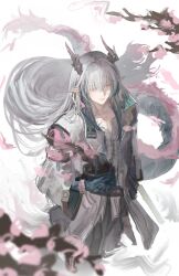 1boy absurdres aqua_coat aqua_hair aqua_skin arknights bead_bracelet beads black_pants bracelet chest_tattoo chinese_clothes closed_eyes closed_mouth coat collarbone colored_extremities colored_skin dragon_boy dragon_horns dragon_tail eastern_dragon_horns eastern_dragon_tail feet_out_of_frame flower flower_pot from_above gradient_hair grey_hair grey_horns hair_over_eyes highres holding holding_flower_pot holding_plant holding_sword holding_weapon horns jewelry kotowaza long_bangs long_hair long_sidelocks long_sleeves male_focus multicolored_hair multicolored_horns open_clothes open_coat pants pink_flower pink_hair pink_horns pink_ribbon plant plum_blossoms pointy_ears potted_plant ribbon ribbon_earrings shirt sidelocks simple_background solo sword tail tattoo two-sided_coat two-sided_fabric two-tone_horns very_long_hair weapon white_background white_coat white_shirt wispy_bangs yi_(arknights) 