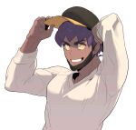  1boy alternate_costume bangs baseball_cap bright_pupils commentary_request dark-skinned_male dark_skin grin hands_on_headwear hat highres leon_(pokemon) looking_at_viewer male_focus mask mouth_mask pokemon pokemon_(game) pokemon_swsh purple_hair redlhzz smile solo sweater teeth upper_body white_pupils white_sweater yellow_eyes 