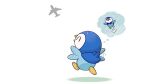 =3 ^_^ aircraft airplane closed_eyes commentary_request flapping jumping motion_lines official_art open_mouth piplup pokemon project_pochama thought_bubble toes white_background 