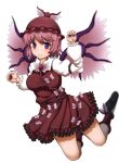  1girl animal_ears bad_id bad_twitter_id bangs bird_ears bird_wings black_footwear brown_dress brown_eyes brown_headwear dress feathered_wings fingernails frilled_dress frills hat highres long_fingernails mob_cap mystia_lorelei pink_eyes pink_hair pink_wings short_hair simple_background smile touhou white_background wings zawapirori 