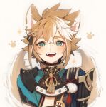  1boy animal_ears armor arms_at_sides bangs blue_eyes blush dog_ears dog_tail english_commentary eyelashes eyeshadow fluffy genshin_impact gorou_(genshin_impact) happy japanese_armor lower_teeth makeup male_focus motion_lines multicolored_hair nihellie open_mouth orange_hair paw_print red_eyeshadow short_sleeves shoulder_armor simple_background solo sparkle streaked_hair tail tail_wagging tassel teeth tongue upper_teeth white_background white_hair 