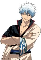  1boy black_shirt blue_hair closed_mouth collarbone crossed_arms gintama hadanugi_dousa half-closed_eyes highres japanese_clothes kimono looking_at_viewer male_focus messy_hair popped_collar red_eyes sakata_gintoki shirt short_hair simple_background smile solo sword upper_body weapon white_background white_kimono yubi_nui21 