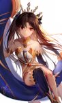  1girl absurdres bangs bare_legs bare_shoulders black_hair black_legwear breasts collarbone crown ewig eyebrows_behind_hair eyebrows_visible_through_hair fate/grand_order fate_(series) highres ishtar_(fate) long_hair looking_at_viewer red_eyes simple_background sitting smile solo thigh-highs twintails white_background 
