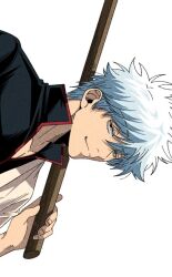  1boy black_eyes black_shirt closed_mouth gintama hadanugi_dousa half-closed_eyes hand_up holding holding_sword holding_weapon japanese_clothes kimono looking_at_viewer male_focus sakata_gintoki shirt short_hair sideways simple_background smile solo sword upper_body weapon white_background yubi_nui21 