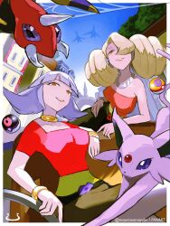  2girls annie_(pokemon) ariados bare_shoulders blonde_hair boat bracelet breasts bridge drill_hair espeon forehead_jewel gold_bracelet hair_over_one_eye highres jewelry large_breasts latias latios lips mayotsunamayo multiple_girls neck_ring oakley_(pokemon) on_boat poke_ball pokemon pokemon_(anime) pokemon_(classic_anime) pokemon_(creature) pokemon_heroes:_latios_&amp;_latias purple_hair red_eyes sitting smile twin_drills twitter_username violet_eyes watercraft yellow_eyes 