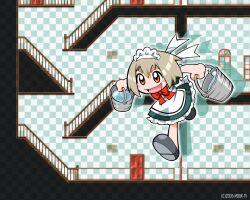  1girl 2005 anime_coloring apron archived_source artist_name back_bow blush_stickers bob_cut bow bowtie brown_hair bucket bucket_of_water checkered_background copyright_notice dated door dress drop_shadow english_text full_body green_dress grey_shorts hair_between_eyes hair_bow hair_ribbon headdress holding holding_bucket maid maid_apron maid_headdress medium_hair mukku_(mook-tv) no_nose open_mouth orange_eyes original petticoat puffy_sleeve_cuffs puffy_sleeves red_bow red_bowtie ribbon running short_dress short_sleeves shorts solo stairs thick_eyebrows tongue water white_apron white_headdress white_petticoat white_ribbon window 