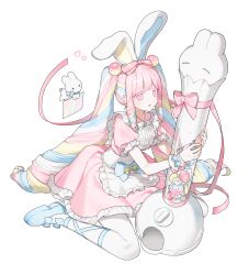  absurdres animal_ear_hairband animal_ears apron blonde_hair blue_bow blue_hair blue_ribbon blue_shoes blunt_bangs bow bowtie candy candy_dispenser collar colored_eyelashes curly_sidelocks double-parted_bangs dress fake_animal_ears food food-themed_hair_ornament footwear_bow footwear_ribbon frilled_apron frilled_collar frilled_dress frilled_sleeves frills full_body hair_bow hair_ornament hairband heart heart-shaped_pupils highres lollipop long_hair long_sidelocks looking_at_object multicolored_hair nanagom original oversized_object pantyhose parted_lips pastel_colors pink_bow pink_dress pink_eyes pink_hair pink_ribbon puffy_short_sleeves puffy_sleeves rabbit rabbit_ear_hairband rabbit_ears ribbon ringlets shoes short_sleeves sidelocks simple_background sitting symbol-shaped_pupils twintails very_long_hair waist_apron wariza white_apron white_background white_bow white_bowtie white_hair white_pantyhose white_rabbit_(animal) yellow_bow 
