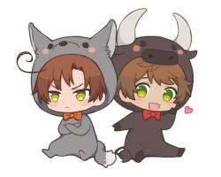  2boys :< ahoge animal_costume animal_ears animal_nose aovbd axis_powers_hetalia blush blush_stickers bow bowtie brown_hair chibi chibi_only closed_mouth crossed_arms fake_animal_ears fake_horns fake_tail full_body green_eyes hand_up heart horns looking_at_another looking_to_the_side male_focus multiple_boys open_mouth orange_bow orange_bowtie ox_ears ox_horns ox_tail red_bow red_bowtie short_hair simple_background sitting smile southern_italy_(hetalia) spain_(hetalia) tail tan white_background wolf_costume wolf_ears wolf_tail 