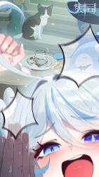  1girl 1other absurdres anger_vein angry blue_eyes blue_hair cat drop-shaped_pupils eyelash_ornament furina_(genshin_impact) genshin_impact gentilhomme_usher grey_hair highres holding holding_spoon mademoiselle_crabaletta motion_blur multicolored_hair open_mouth plate puff_of_air reaching reaching_towards_viewer spoon streaked_hair surintendante_chevalmarin sushispin sweat symbol-shaped_pupils tearing_up 