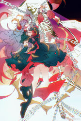  1girl :d absurdres arm_up black_background black_boots black_dress black_gloves boots braid chain claws collarbone colored_tips detached_sleeves dragon_horns dragon_tail dress dress_flower earrings elbow_gloves fang_zheng_gao_qiepian feather_earrings feathers fingernails flower flower_earrings gloves heroine_(lovebrush_chronicles) highres holding holding_chain horn_flower horns jewelry long_hair looking_up lovebrush_chronicles multicolored_hair purple_hair red_background red_flower red_hair red_sleeves sharp_fingernails short_dress short_sleeves side_braid single_detached_sleeve skeletal_tail skeleton smile solo tail veil violet_eyes watermark weibo_watermark white_background white_veil yellow_horns yellow_nails 