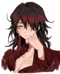  1boy black_hair collarbone collared_shirt earrings hand_on_own_face highres jewelry looking_to_the_side male_focus mei_(adomanju) multicolored_hair nijisanji nijisanji_en pectoral_cleavage pectorals portrait red_shirt redhead shirt solo streaked_hair virtual_youtuber vox_akuma white_background yellow_eyes 
