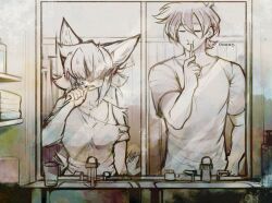  ... 1boy 1girl adversarial_noise animal_ears animal_nose bathroom bra_strap breasts brushing_teeth cheek_bulge closed_eyes collarbone commentary covered_eyes cup drinking_glass english_commentary failure faucet furry furry_female greyscale hair_over_eyes holding holding_toothbrush indoors large_breasts long_hair messy_hair mirror monochrome off_shoulder original shaded_face short_sleeves sidelocks single_bare_shoulder sink sketch standing tail thwillartz toothbrush upper_body werewolf wolf_ears wolf_girl wolf_tail 