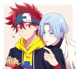  2boys blue_eyes blue_hair eating hair_between_eyes hasegawa_langa headband hood hoodie jacket kyan_reki looking_at_viewer male_focus messy_hair multiple_boys orange_eyes redhead sana423 shirt short_hair simple_background sk8_the_infinity upper_body 