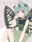  1girl antennae aqua_hair blush brown_eyes butterfly_wings dress eternity_larva fairy green_dress highres leaf leaf_on_head looking_at_viewer multicolored_clothes multicolored_dress parted_lips short_hair single_strap solo suzushiro_(daikon793) touhou wings 