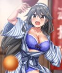  1girl absurdres alternate_costume ball bath_yukata black_hair blue_bra blue_panties bra breasts brown_eyes hairband hanten_(clothes) haruna_(kancolle) highres holding holding_paddle japanese_clothes kantai_collection kimono long_hair medium_breasts paddle panties ryokan solo striped striped_kimono table_tennis table_tennis_ball table_tennis_paddle underwear vertical-striped_kimono vertical_stripes white_hairband yukata zanntetu 