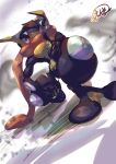  absurdres blurry commentary_request enso_turtle greninja hand_up highres index_finger_raised looking_down pink_eyes pokemon pokemon_(creature) signature solo squatting yellow_pupils 