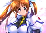  1girl bangs blush breasts brown_hair covered_nipples cropped_jacket dated eyebrows_visible_through_hair hair_ribbon high_collar impossible_clothes juliet_sleeves kamogawa_tanuki large_breasts long_hair long_sleeves looking_at_viewer lyrical_nanoha magical_girl mahou_shoujo_lyrical_nanoha_strikers petals puffy_sleeves ribbon shiny shiny_hair signature smile solo takamachi_nanoha takamachi_nanoha_(exceed_mode) twitter_username upper_body violet_eyes 