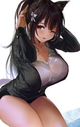  1girl animal_ears black_hair black_jacket bow bra_visible_through_clothes breasts cat_ears cat_girl cat_tail fbreeze gym_uniform hair_bow highres jacket large_breasts long_hair long_sleeves looking_at_viewer one_eye_closed original ponytail red_eyes see-through shirt simple_background sitting solo tail thighs tongue tongue_out wet wet_clothes wet_shirt white_background white_bow white_shirt 