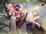  2girls ass azur_lane bare_shoulders black_legwear chao_ho_(azur_lane) chinese_clothes dress feet gold_hairband gold_trim hair_cones hair_horns in_tree long_hair looking_at_viewer multicolored_hair multiple_girls no_shoes pantyhose print_sleeves purple_dress purple_hair sarena silver_hair sitting sitting_in_tree soles stepped_on thigh-highs tree two-tone_hair violet_eyes white_legwear ying_swei_(azur_lane) 