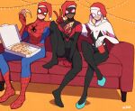  1girl 2boys blonde_hair bodysuit christmas christmas_lights couch crossed_legs cup disposable_cup drinking_straw emblem food gwen_stacy hat highres hooded_bodysuit looking_at_viewer marvel mask miles_morales multiple_boys orange_background peter_parker pizza pizza_box pizza_slice santa_hat smile spider-gwen spider-man spider-man_(miles_morales) spider-man_(series) spider_web_print sushi_pizza_rrr 