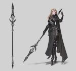  1girl absurdres arm_up armor black_armor blonde_hair grey_background highres holding holding_polearm holding_weapon hyeonho_oh lance long_hair looking_at_viewer original polearm red_eyes shadow simple_background solo standing weapon wide_shot 