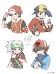 5boys arrow_(symbol) backwards_hat baseball_cap beanie blue_jacket brendan_(pokemon) brown_eyes brown_hair closed_mouth commentary_request dated ethan_(pokemon) fingerless_gloves frown gloves grey_eyes gu_1156 hand_on_headwear hand_up hat highres hilbert_(pokemon) holding holding_poke_ball jacket long_sleeves looking_down lucas_(pokemon) multiple_boys orange_gloves poke_ball poke_ball_(basic) pokemon pokemon_(game) pokemon_bw pokemon_dppt pokemon_emerald pokemon_frlg pokemon_hgss pokemon_rse premier_ball red_(pokemon) red_headwear red_jacket shirt short_hair spiky_hair translation_request white_headwear wristband zipper_pull_tab 