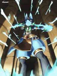  absurdres aura black_fur blue_fur clothed_pokemon highres looking_at_viewer lucario lucario_(ruins) niku1441 official_alternate_costume pokemon pokemon_(creature) pokemon_unite signature solo standing stone_pillar stone_wall yellow_eyes 